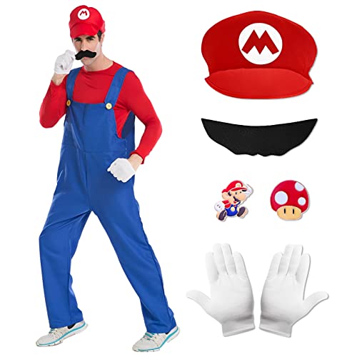 Disfraz de Super Mario Bros Cosplay para Adultos Niños, Mario Luigi Bros Classic Disfraces, Traje de Fontanero con Guantes, Sombrero, Bigote y Broches para Carnaval Halloween Cosplay (Adultos-L, Rojo)