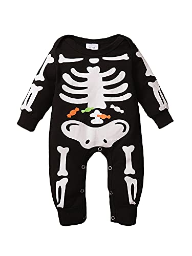 Traje de Halloween para niños pequeños y niñas, suéter de Manga Larga con Esqueleto, Mono con Sombrero, Disfraz de Calavera para niños pequeños (B1, 12-18 Meses)