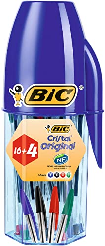 BIC Cristal Original Bolígrafos Punta Media (1,0mm) Colores Surtidos, Material Oficina y Escolar, Tubo de 20 unidades (16+4 gratis)
