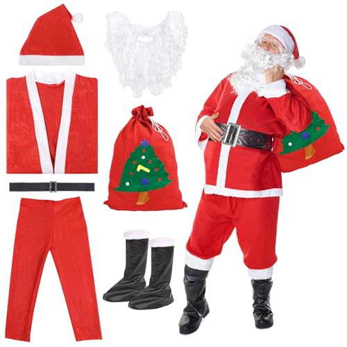 JAMITE 7Piezas Disfraz de Papá Noel para Hombres,Disfraz de Papá Noel Premium Completo Unisex con Chaqueta,Pantalón,Barba,Gorro,Cinturón,Cubrebota y Bolsa de Regalo,para el Look Perfecto de Papá Noel