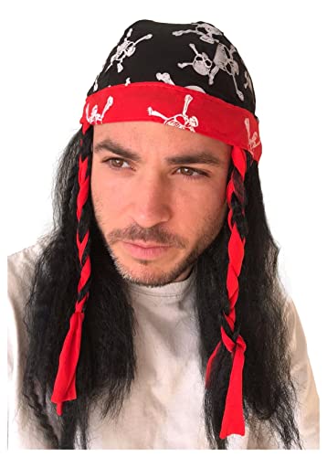 Peluca Pirata con Pañuelo Pirata Rojo con Calaveras y Trenzas. Peluca Carnaval para Disfraz Pirata. Accesorios Piratas para Disfraces Piratas. Peluca Pirata para Disfraz Pirata Niño u Hombre.