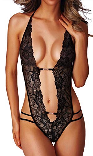 Tuopuda Mujer V Profundo Mini de Encaje Babydoll de Lencería Transparente Tanga Conjunto Ropa de Dormir Talla única