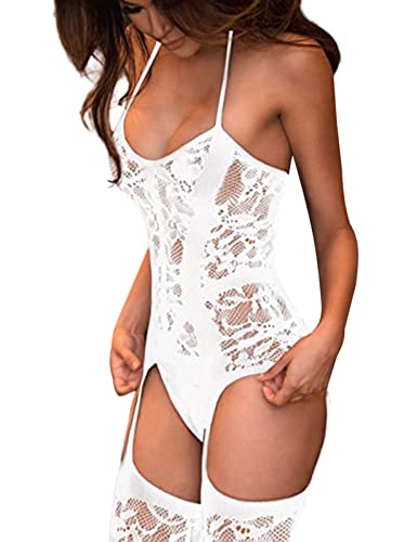 Nadeer Mujer Ropa de Dormir Conjunto Atractivo Pijamas de Encaje y Tul sin Mangas Lingerie Atractivo Bodysuit Lencería Halter Pijama(Blanco, Talla única)