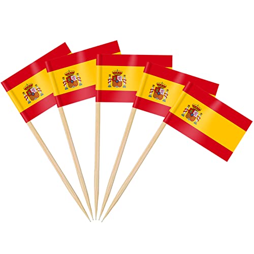 AhfuLife 100/200 Bandera de España Palillos de Dientes, Bandera Cupcake Toppers Bandera Decoración Mini Pequeña Bandera Cupcake Palillos de Dientes Decoración para La Celebración de la Copa del Mundo
