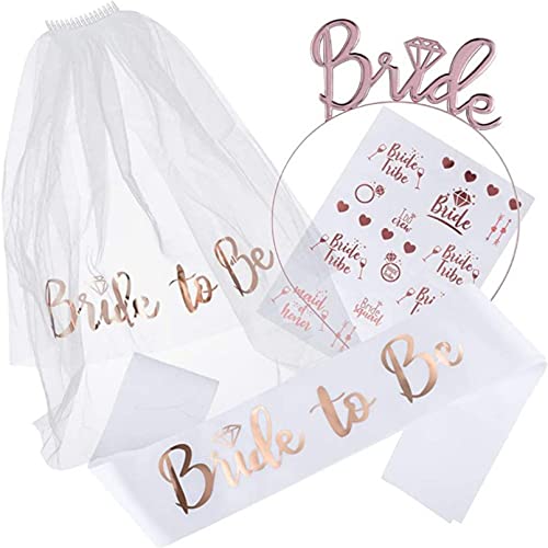 Despedida de Soltera Accesorios,Bride To Be Addio Al Nubilato,Hen Accesorios para Despedida Soltera,Kit de Novia Incluyen Nupcial Velo, Diadema Tiara, 16 Tatuajes,Banda.