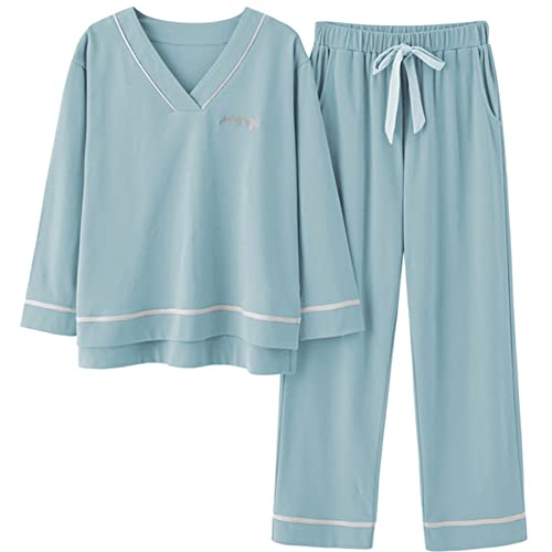 BFSGBFNTMD Pijamas De AlgodóN De Manga Larga para Mujer Primavera Y OtoñO SeccióN Delgada Color SóLido Casual Deportivo con Cuello En V Ropa para El Hogar