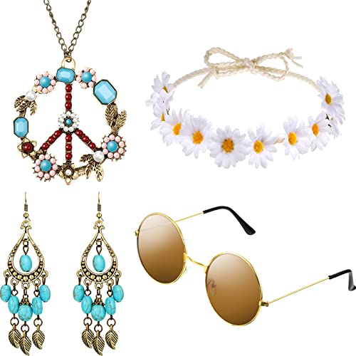 Hicarer Conjunto de Disfraces de Hippie Incluye Gafas de Sol, Diadema, Collar de Signo de Paz y Pendientes(Estilo Turquesa)