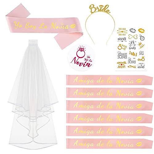 UNIVERTEN Despedida de Soltera Accesorios Español, 11PCS Novia to Be y Team Bride Banda Set con, Velo Novia Despedida, Tiara, Insignia, Tatuajes, Accesorios Despedida Soltera (oro rosa)