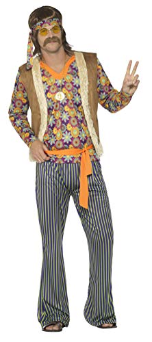 Smiffy's Smiffys-44680L Disfraz de Cantante Hippie años 60 para Hombre, con Camiseta, chalec, Multicolor, L-Tamaño 42'-44' 44680L