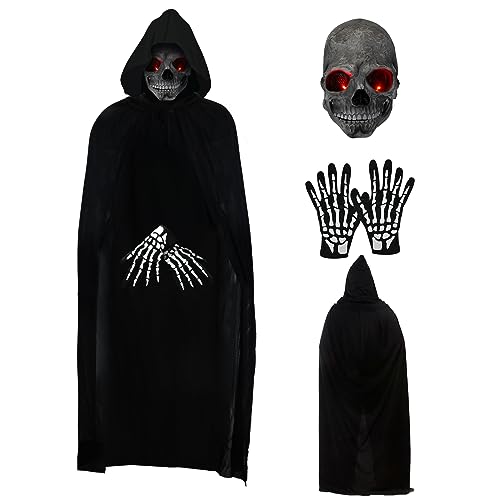 FORMIZON Disfraz de Parca para Halloween, Capa de Muerte para Adultos, Capa de Muerte con Capucha para Mujeres Hombres, Disfraz de Fantasma con Máscara de Esqueleto y Guantes de Esqueleto (Rojo)