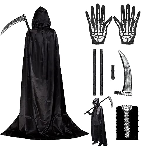 GEEKEO Disfraz de Parca Halloween Adulto Capa de Muerte para Hombre Mujer, Disfraz Halloween Muerte Capa Negra con Capucha, Guantes, Hoz, Halloween Disfraz Adultos para Cosplay Navidad Carnaval
