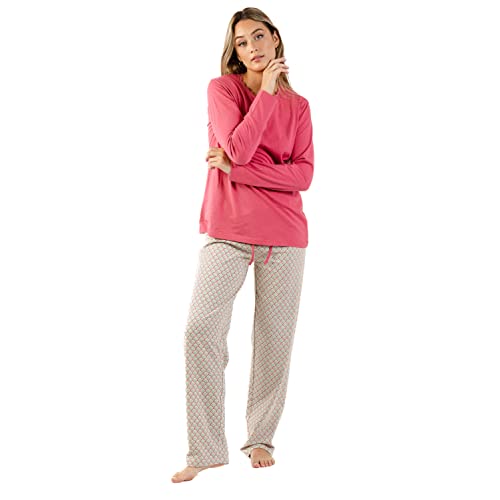 TRAMAS+ Pijama Mujer Verano Invierno 100% Algodón con Camiseta Manga Larga y Pantalón Largo, Pijamas de Entretiempo Primavera y Verano - (Higuera Malva Rosa, M)