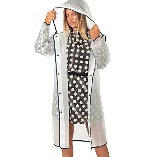 PERLETTI Chubasquero Hombre Mujer Ligero y Reutilizable - Impermeable Hombre Mujer Resistente al Agua - Ropa de Agua Impermeable Detalles Reflectantes Capucha Botones (M, Transparente con Borde Azul)