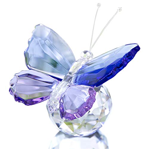 H&D HYALINE & DORA Mariposa de cristal azul y morado con base de bola, adorno decorativo de pisapapeles para sala de estar, regalos de cumpleaños para decoración del hogar