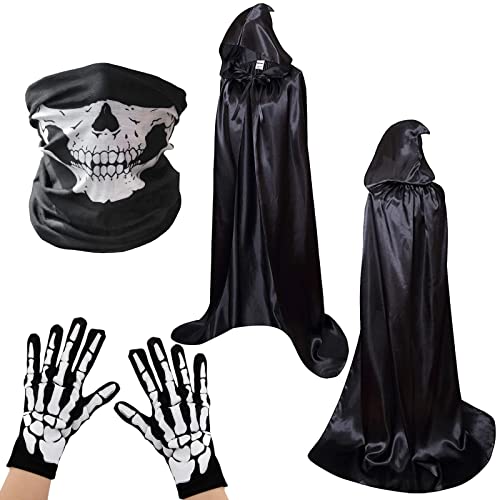 BOFUNX Larga Capa Negra con Capucha Medieval Traje de Vampiro Bruja+Máscara de Calavera+Guantes de Esqueletos Accesorio para Disfraz de Halloween Carnaval Navidad Fiesta Cosplay para Mujeres Hombres