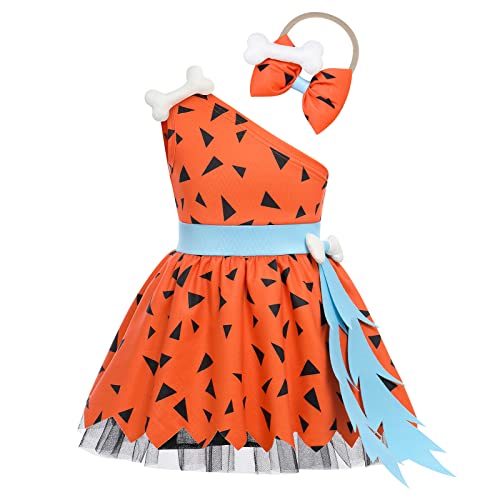 Niño pequeño bebé M?dchen Kieselstein Picapiedra Kost?m histórica Edad de Piedra H?hlenm?dchen Halloween Carnival Cosplay Ein Schulter Kleid mit Bone Schleife Stirnband 1er Geburtstag Outfit Orange
