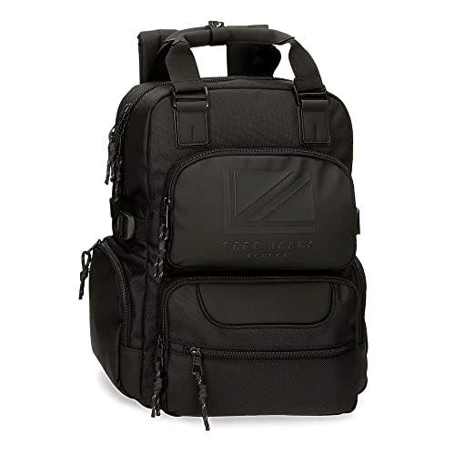 Pepe Jeans Bromley LDN Mochila para Portátil Adaptable 14' Negro 28x40x16 cms Poliéster con detalles en Piel Sintética 17,92L