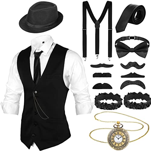 Blulu Disfraz Hombre 1920 Halloween con Chaleco Sombrero Fieltro Reloj Bolsillo Tirante (Negro, XL)