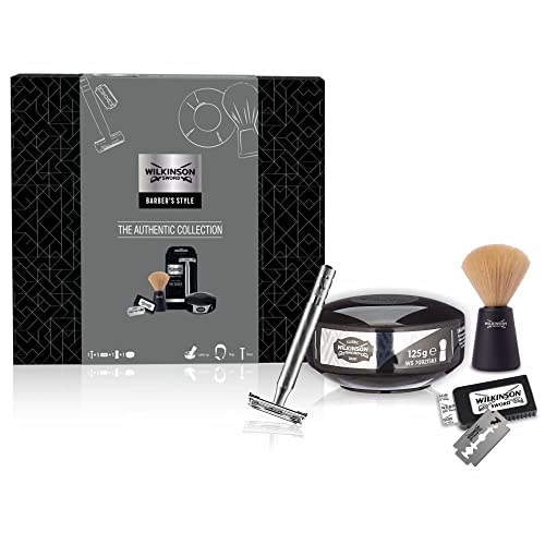 Wilkinson Sword Kit de Afeitado Clásico Manual [EDICIÓN 2022] - Set Regalo para Hombres. Contiene: Maquinilla Estilo Vintage + 5 Cuchillas de Doble Hoja + Brocha de Afeitar + Jabón de Afeitado