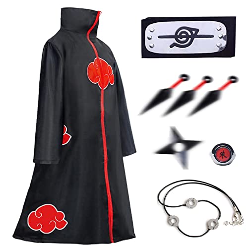 Disfraz de Itachi Uchiha (Akatsuki) Cosplay Capa Larga de Akatsuki Diadema de Leaf Village Anillo de Akatsuki Collar de Narut Shuriken para Halloween, Navidad (XXS)