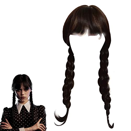 Ukuding Peluca de miércoles Addams para niñas, Peluca Larga Trenzada Negra Liuhai para Mujer, Disfraz de Personaje de película, Accesorios de Cosplay para Fiesta de Halloween