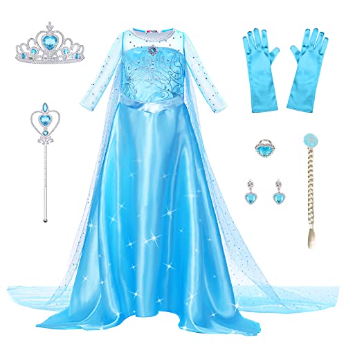 URAQT Disfraz Princesa Elsa, Vestido Princesa Niña con Accesorios de Corona y Varita Mágica, Vestidos niña de Dibujos Animados, Disfraz Niña para Halloween Cosplay Cumpleaños Carnaval, 110cm