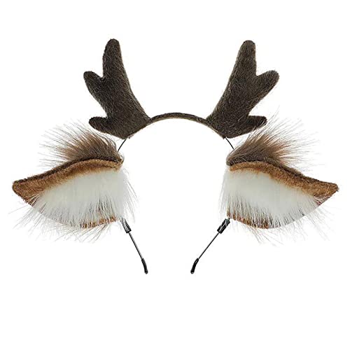 Dodheah Diadema de Cuernos de Reno Orejas Diadema Navideña Decoración de Disfraces Animales Cosplay para Niñas Adultos Caqui Blanco