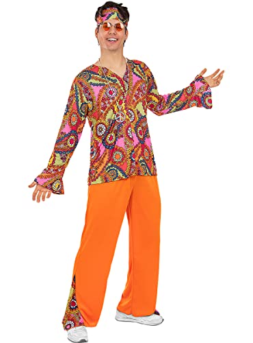 Funidelia | Disfraz de Hippie feliz para hombre ▶ Años 60, Hippie, Flower power, Décadas - Disfraz para adultos y divertidos accesorios para Fiestas, Carnaval y Halloween - Talla XXL - Azul