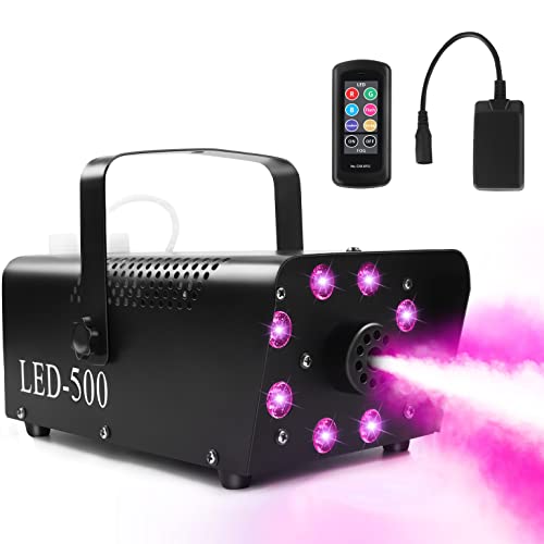 HOLDLAMP Máquina de Humo con Mando a Distancia Inalámbrico 8 LED 500W Pequeña Fog Machine para Discoteca Fiestas Halloween Bodas Escenarios Navidad Actuaciones Disco DJ etc – Negro