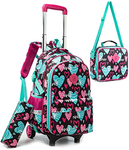 HTgroce Mochilas Escolares con Carro Ruedas,Chicos Niña Trolley Escolar Mochilas con Carrito Escolares,con Bolsa de Almuerzo&Bolsa para Bolígrafos Juveniles Ideal para Viajes Escolares al Aire Libre.
