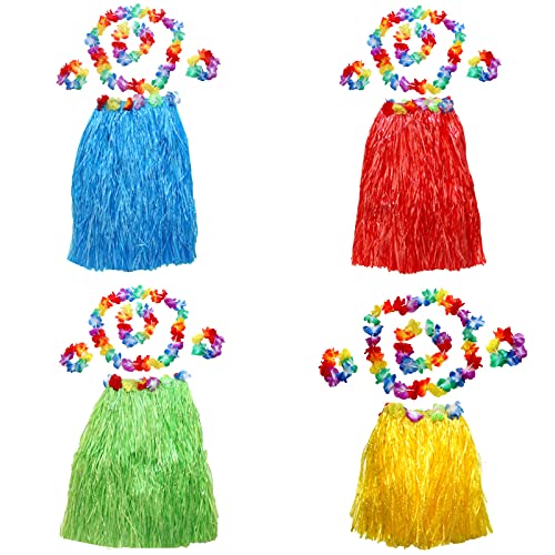 4 Piezas Conjunto Hawaii Hula, Hawaiian Grass Hula Faldas, Guirnalda Hawaiana Falda de Hierba, Adecuado para Fiestas, Fiestas de Baile, Mejorar el Ambiente de Fiesta(Cuatro Colores)
