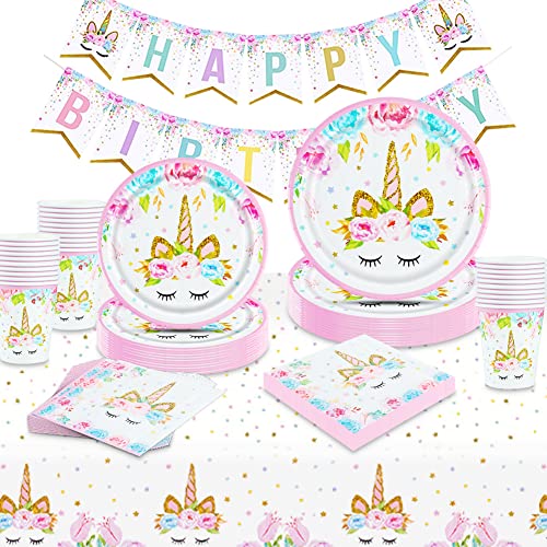 Amycute Vajilla de Unicornio, 102 pcs 25 Invitados Cubiertos Vajilla de Cumpleaños Infantil Vasos, Platos, Servilletas, para Unicornio Fiesta Baby Shower