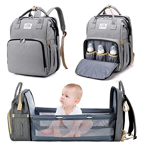 Mochila para Pañales Plegable,Bolsa de Cambio de Pañales Portátil,mochila para bolsa de bebé,Bolsa de Pañales Convertible,Gran Capacidad, Impermeable,para Bebépara cochecito (Gris)