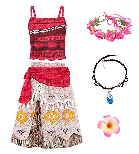 New front Vestido de Moana para Niñas Disfraz de Vaiana Princesa Chica Navidad Cumpleaños Regalo Carnaval Costume Collares Guirnaldas Pinzas para el pelo Halloween Cosplay Traje,Amarillo,140