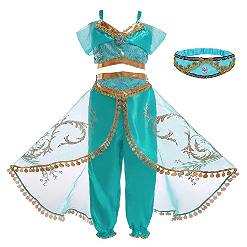 Monissy Niña Aladdin Princesa Jasmine Disfraz Tops Pantalones Manga Corta Traje Cosplay Actuación Carnaval Navidad Regalo Cumpleaños Danza Vientre Vestido de Princesa,Verde+banda,150