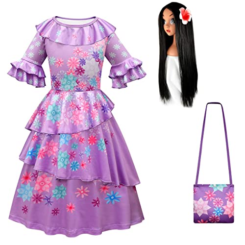 Eleasica Niña Vestido Encanto Isabela Disfraz Princesa Niños Peluca Bolsa Traje Halloween Carnaval Cosplay Navidad Fiesta Cumpleaños Regalo Parte Fancy Dress Manga Corta,Violeta+bolsa+peluca,130