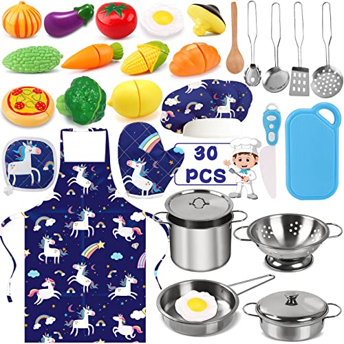 Tonsooze Juguetes de Cocina para niños Accesorios, 30 Piezas Juguetes de Chef para Niños, Set Utensilios de Cocina Culinario Mini Cocina de Juguete, Vegetales para Cortar, Delantal y Gorro De Cocinero
