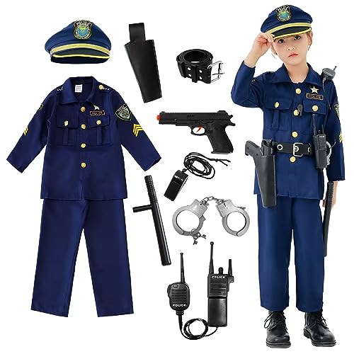 Udekit Disfraz de Policía de Lujo con Esposas, Walkie-talkie, Funda de Pistola, Silbato, Bastón, Pistola de Juguete para Trajes de Cosplay para la Edad de 4 a 5