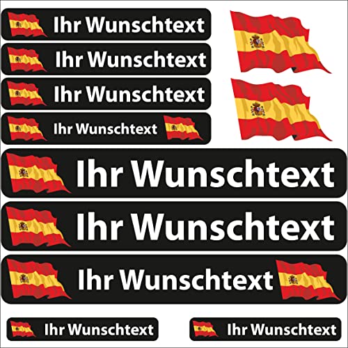 INDIGOS UG Etiqueta Adhesiva con el Nombre - Bandera ondeando - España - 13 Pegatinas de Banderas - Pegatinas con Nombres y Texto Deseado - Bicicleta - Coche - Moto - Personalizadas