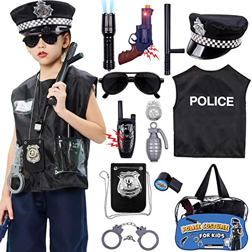 Tacobear Policía Disfraz Niño con Equipo: Chaleco Gorra Placa Esposas Gafas de sol Walkie Talkie, Juguete Kit para Halloween Fiesta Carnaval