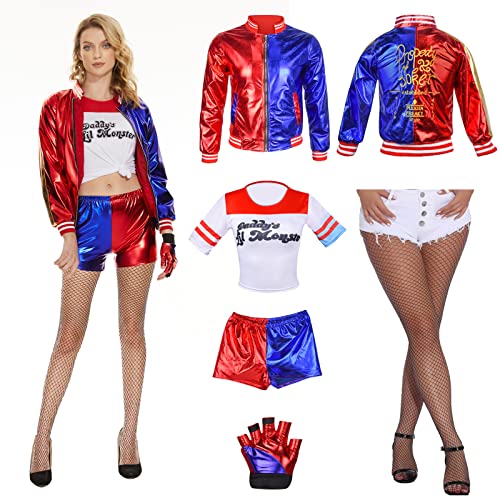 Hereneer Disfraz de Harley Quinn para Mujer, 5 Pcs Disfraz de Harley Quinn para Chicas Carnaval Niña Adulto con Camiseta, Chaqueta, Pantalón, Guantes, Cosplay Quinn Disfraz de Carnaval Hallowee (M)