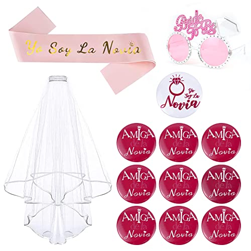 XINRANFF Despedida de Soltera Accesorios Español, 13pcs Kit Despedida de Soltera Velo Novia Despedida Insignias de Novia & Amiga Para Banda Despedidas de Soltero de Novia Boda Fiesta
