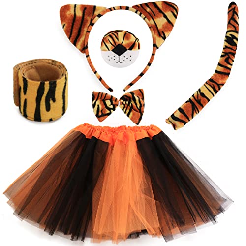 Disfraz Animal Niño Establecer, Disfraz de Tigre para Niño 3-10 Años, Animales Cinta para la Cabeza, Nariz, Pajarita, Cola, Rayas de Tigre Pulseras con Tutu Falda para Halloween, Fiesta de Cosplay