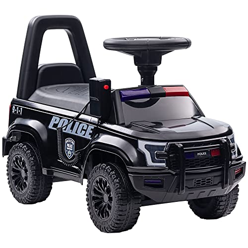 HOMCOM Coche Correpasillos de Policía para Bebé de 18-60 Meses Coche sin Pedales con Bocina Megáfono Compartimento de Almacenaje y Respaldo Extraíble 62x29x43 cm Negro