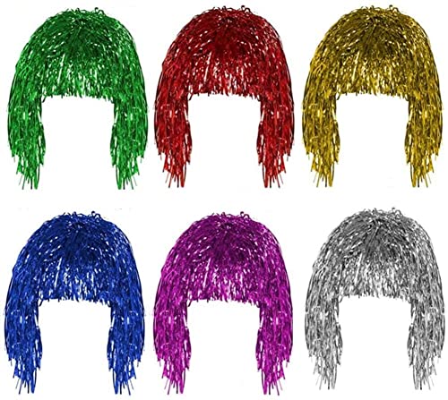 JJYHEHOT 6 Piezas Peluca de Oropel, Pelucas de Disfraz de Oropel para Fiestas, Oro, Blanco, Verde, Púrpura, Rojo y Azul Metálico Disfraz Halloween Carnaval Navidad Cosplay Peluca de Oropel