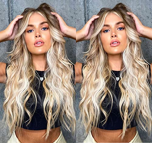 VEBONNY Ash Brown Ombre Brown White Blonde Peluca con resaltado Long Water Weave Peluca de cabello sintético Las mejores pelucas asequibles Mixed Blonde / Brown Hair VEBONNY-169