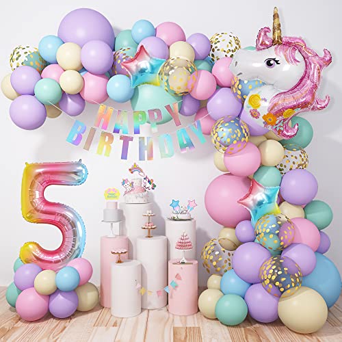 Unicornio Globos Guirnalda Arco 5 Años, 120 Piezas Pastel Globo Kit Decoracion Cumpleaños con Globo Número 5 Feliz Cumpleaño Banner Estrella Látex Macaron Rosa Púrpura Azul Confeti Globos Mujer Niños