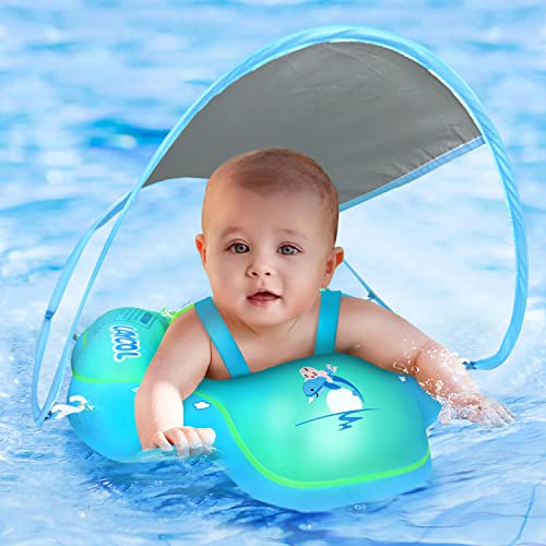 LAYCOL Flotador Inflable de natación para bebé con toldo de protección Solar, antivuelco, para niños de 3 a 36 Meses(Azul,L)