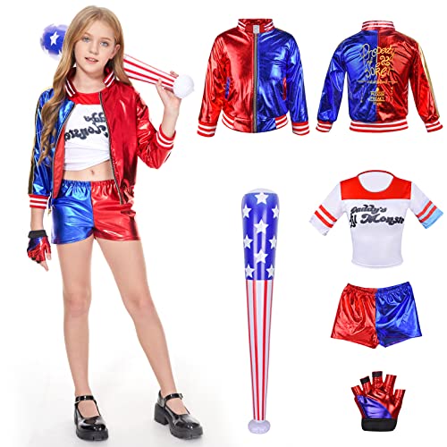 Hereneer Disfraz de Harley Quinn para Niña, Disfraz de Harley Quinn para Niña con Camiseta, Chaqueta, Pantalón, Guantes, Película Cosplay Suicide Disfraz de Carnaval Disfraz Halloween Niña (S)