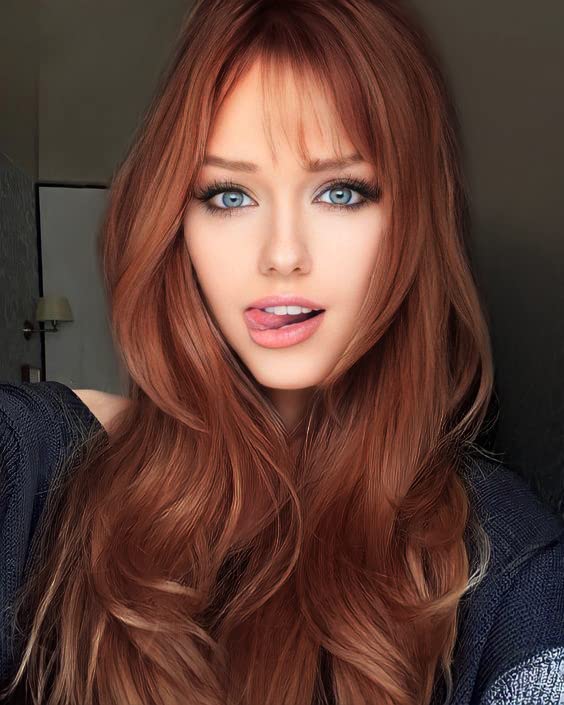 LEMEIZ Peluca pelirroja, degradado, con flequillo, la mejor peluca sintética para mujeres, de color rojo cobre, castaño con raíces oscuras, lisa, 61 cm, LEMEIZ-148